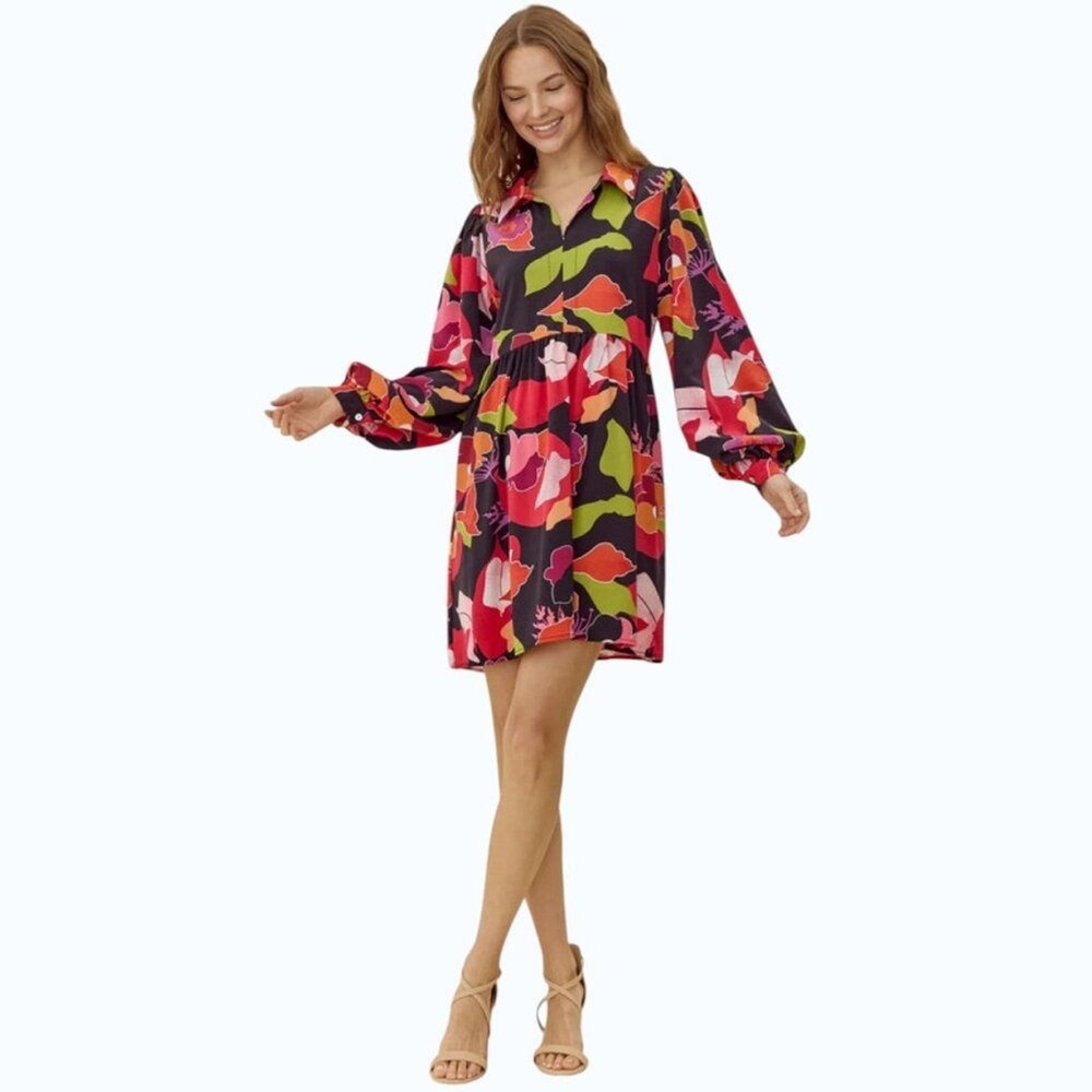 Jodifl Bold Floral Babydoll Dress Black Pink Long Sleeve Mini Collared S‎